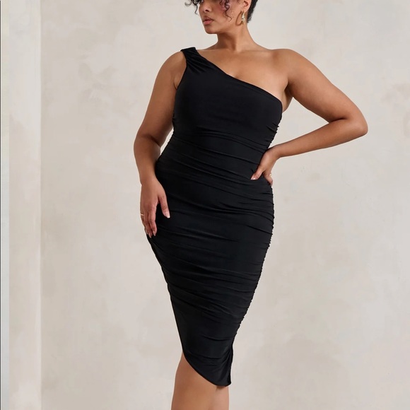 Club L BLACK ONE SHOULDER RUCHED MIDI DRESS - Picture 2 of 4